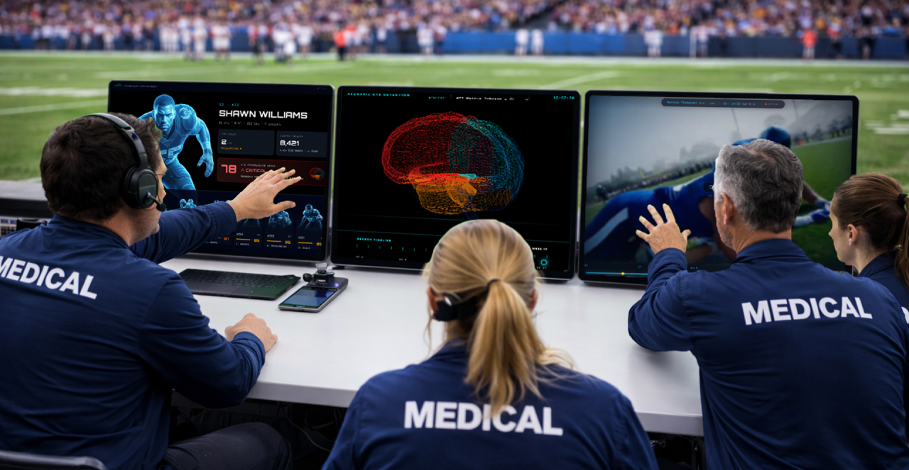 Sideline medical staff monitoring live NeuraLyfe data on three screens during a game