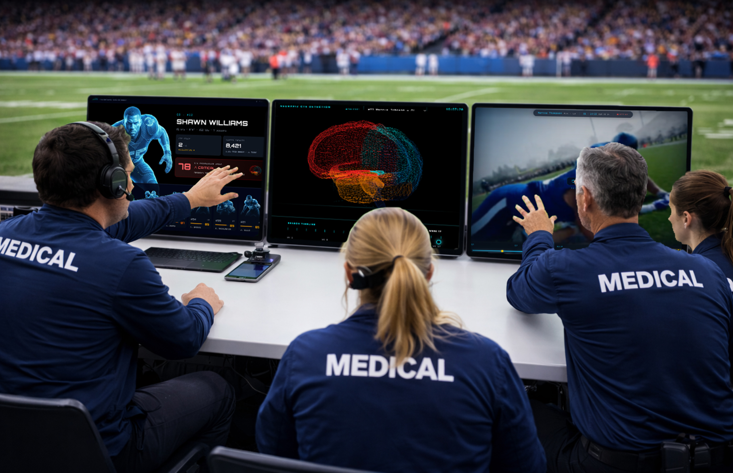 Medical staff monitoring NeuraLyfe brain data on sideline screens during a game