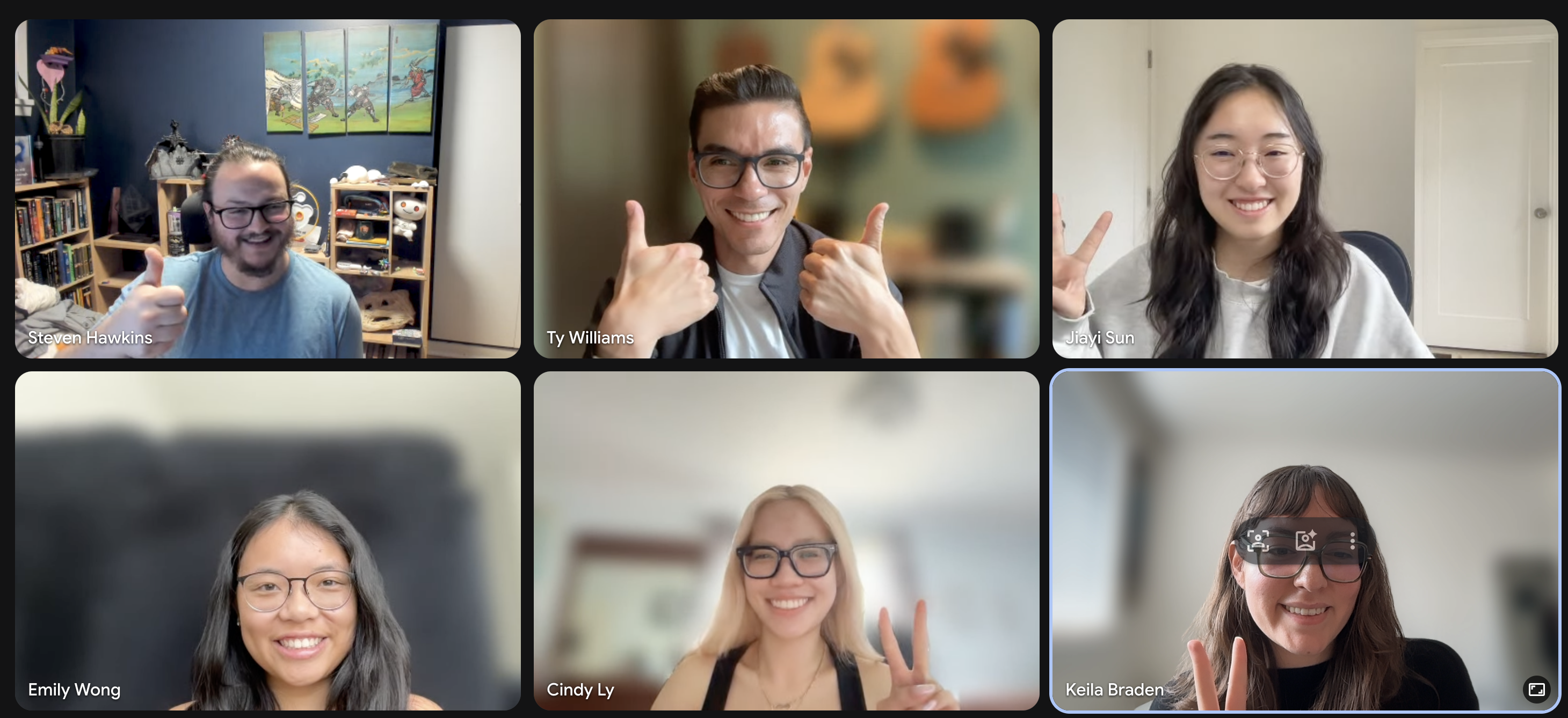 A video call grid of six people, the four-person capstone team and two Reddit partners, waving and giving thumbs up.