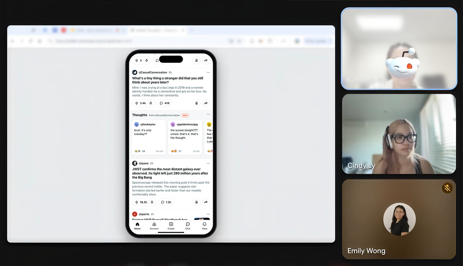 A remote testing session: the prototype shared on screen inside a phone frame, with the participant's video blurred and two team members' videos alongside.